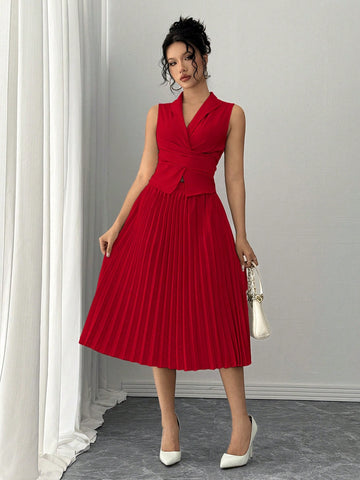 Elegant Daily Versatile Waist Criss-Cross Tie Collar Top & Pleated Elastic Waist Long Skirt, Woven Non-Stretch Fabric, Apricot, Women's 2pcs Set, Autumn/Winter Elegant Daily Versatile Waist Criss-Cross Tie Collar Top & Pleated Elastic Waist Long Skirt, Woven Non-Stretch Fabric, Apricot, Women's 2pcs Set, Autumn/Winter