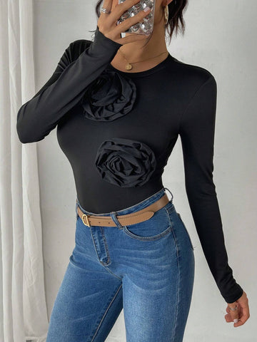 Women Elegant Fitted Long Sleeve Floral Decor Bodysuit For Spring & Fall Women Elegant Fitted Long Sleeve Floral Decor Bodysuit For Spring & Fall