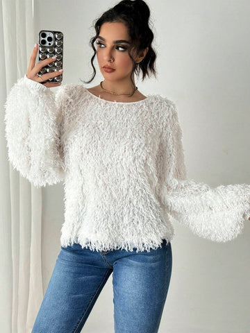 Women Fluffy Feather Lantern Sleeve Crew Neck Long Sleeve T-Shirt Women Fluffy Feather Lantern Sleeve Crew Neck Long Sleeve T-Shirt