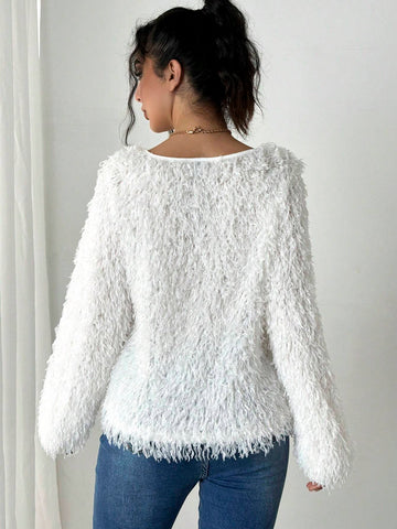 Women Fluffy Feather Lantern Sleeve Crew Neck Long Sleeve T-Shirt Women Fluffy Feather Lantern Sleeve Crew Neck Long Sleeve T-Shirt