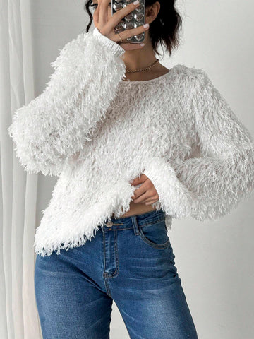 Women Fluffy Feather Lantern Sleeve Crew Neck Long Sleeve T-Shirt Women Fluffy Feather Lantern Sleeve Crew Neck Long Sleeve T-Shirt