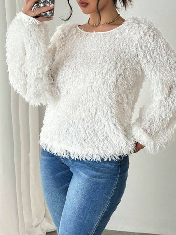 Women Fluffy Feather Lantern Sleeve Crew Neck Long Sleeve T-Shirt Women Fluffy Feather Lantern Sleeve Crew Neck Long Sleeve T-Shirt