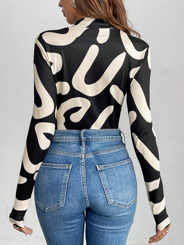 Women Geometric Pattern Long Sleeve Bodysuit Women Geometric Pattern Long Sleeve Bodysuit