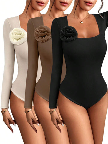 Women Ribbed Turtleneck Floral Decor Long Sleeve Bodysuit, Warm For Autumn/Winter Women Ribbed Turtleneck Floral Decor Long Sleeve Bodysuit, Warm For Autumn/Winter