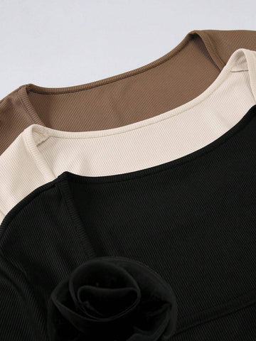 Women Ribbed Turtleneck Floral Decor Long Sleeve Bodysuit, Warm For Autumn/Winter Women Ribbed Turtleneck Floral Decor Long Sleeve Bodysuit, Warm For Autumn/Winter