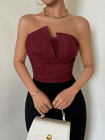 Women's Asymmetrical Pleated Strapless Bodysuit, Elegant For Casual Wear, Holiday, Wedding, Dating, Music Festivals, Summer Women's Asymmetrical Pleated Strapless Bodysuit, Elegant For Casual Wear, Holiday, Wedding, Dating, Music Festivals, Summer