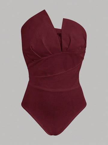 Women's Asymmetrical Pleated Strapless Bodysuit, Elegant For Casual Wear, Holiday, Wedding, Dating, Music Festivals, Summer Women's Asymmetrical Pleated Strapless Bodysuit, Elegant For Casual Wear, Holiday, Wedding, Dating, Music Festivals, Summer