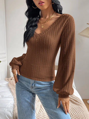 Women's Autumn Simple Casual Elegant V-Neck Lantern Sleeve Long Sleeve T-Shirt, Fall Tee Clothes Going Out Tops Fall Women Clothes Women's Autumn Simple Casual Elegant V-Neck Lantern Sleeve Long Sleeve T-Shirt, Fall Tee Clothes Going Out Tops Fall Women Clothes