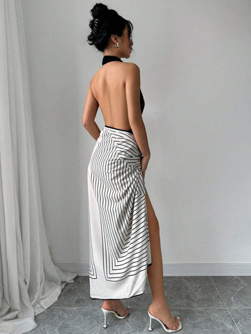 Women's Backless Halter Bodysuit And Striped Tie-Wrap Skirt Set Women's Backless Halter Bodysuit And Striped Tie-Wrap Skirt Set