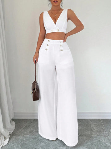 Women's Crop Top & High Slit Wide-Leg Pants Set Decorated With Buttons Women's Crop Top & High Slit Wide-Leg Pants Set Decorated With Buttons