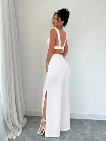 Women's Crop Top & High Slit Wide-Leg Pants Set Decorated With Buttons Women's Crop Top & High Slit Wide-Leg Pants Set Decorated With Buttons