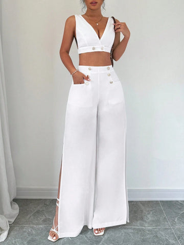 Women's Crop Top & High Slit Wide-Leg Pants Set Decorated With Buttons Women's Crop Top & High Slit Wide-Leg Pants Set Decorated With Buttons