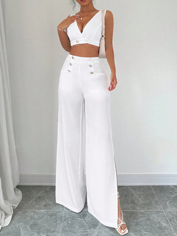 Women's Crop Top & High Slit Wide-Leg Pants Set Decorated With Buttons Women's Crop Top & High Slit Wide-Leg Pants Set Decorated With Buttons