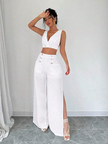 Women's Crop Top & High Slit Wide-Leg Pants Set Decorated With Buttons Women's Crop Top & High Slit Wide-Leg Pants Set Decorated With Buttons
