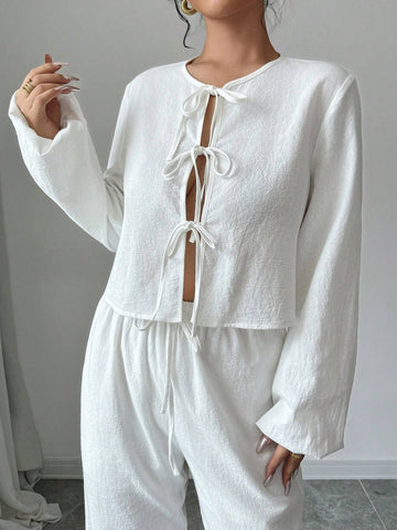 Women's Elegant 2pcs Butterfly Tie Up Cotton Top And Pants Set,Wide-Leg Pants Set,Women's Minimalist Casual Stylish Vacation Tie-Front Loose Blouse & High-Waist Elastic Loose Pants Set ,Autumn/Winter Women's Elegant 2pcs Butterfly Tie Up Cotton Top And Pants Set,Wide-Leg Pants Set,Women's Minimalist Casual Stylish Vacation Tie-Front Loose Blouse & High-Waist Elastic Loose Pants Set ,Autumn/Winter