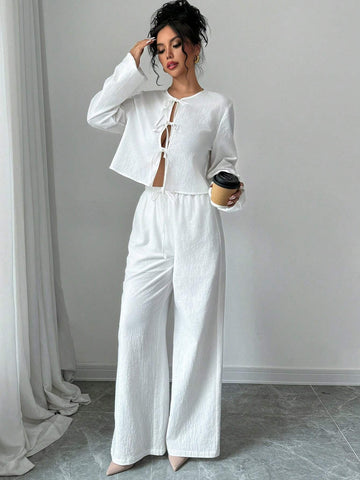 Women's Elegant 2pcs Butterfly Tie Up Cotton Top And Pants Set,Wide-Leg Pants Set,Women's Minimalist Casual Stylish Vacation Tie-Front Loose Blouse & High-Waist Elastic Loose Pants Set ,Autumn/Winter Women's Elegant 2pcs Butterfly Tie Up Cotton Top And Pants Set,Wide-Leg Pants Set,Women's Minimalist Casual Stylish Vacation Tie-Front Loose Blouse & High-Waist Elastic Loose Pants Set ,Autumn/Winter