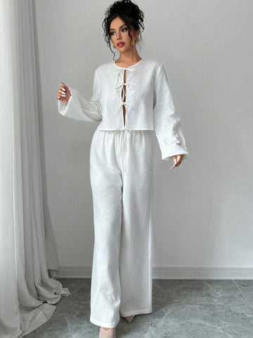 Women's Elegant 2pcs Butterfly Tie Up Cotton Top And Pants Set,Wide-Leg Pants Set,Women's Minimalist Casual Stylish Vacation Tie-Front Loose Blouse & High-Waist Elastic Loose Pants Set ,Autumn/Winter Women's Elegant 2pcs Butterfly Tie Up Cotton Top And Pants Set,Wide-Leg Pants Set,Women's Minimalist Casual Stylish Vacation Tie-Front Loose Blouse & High-Waist Elastic Loose Pants Set ,Autumn/Winter