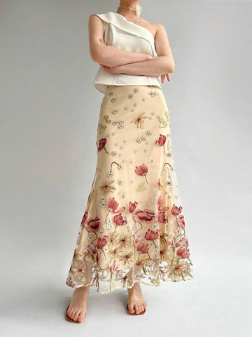 Privé Women's Elegant Floral Embroidery Heavy Work Fish Tail Skirt For Wedding Season And Date Privé Women's Elegant Floral Embroidery Heavy Work Fish Tail Skirt For Wedding Season And Date