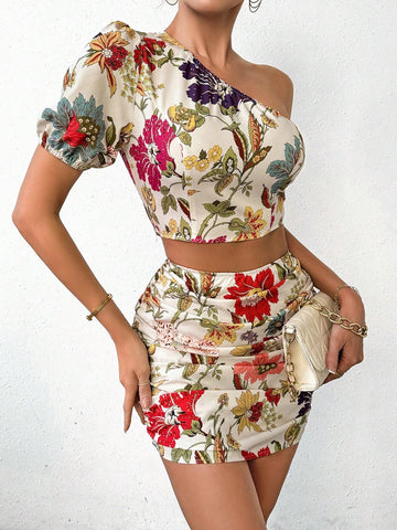 Women's Floral Print One Shoulder Short Puff Sleeve Top And Pleated Mini Skirt Set Women's Floral Print One Shoulder Short Puff Sleeve Top And Pleated Mini Skirt Set