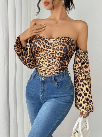Women's Leopard Print Off Shoulder Lantern Sleeve Ruched Bodysuit Women's Leopard Print Off Shoulder Lantern Sleeve Ruched Bodysuit