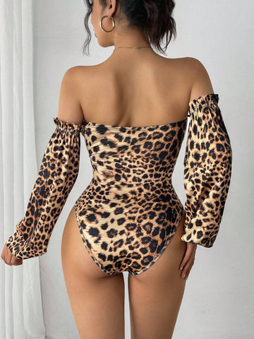 Women's Leopard Print Off Shoulder Lantern Sleeve Ruched Bodysuit Women's Leopard Print Off Shoulder Lantern Sleeve Ruched Bodysuit