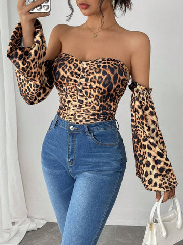 Women's Leopard Print Off Shoulder Lantern Sleeve Ruched Bodysuit Women's Leopard Print Off Shoulder Lantern Sleeve Ruched Bodysuit