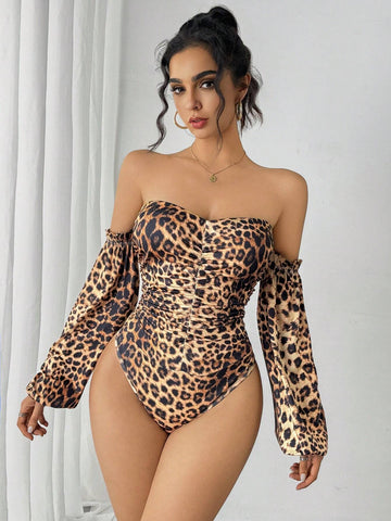 Women's Leopard Print Off Shoulder Lantern Sleeve Ruched Bodysuit Women's Leopard Print Off Shoulder Lantern Sleeve Ruched Bodysuit