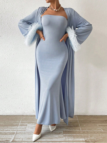 Women's Long Strapless Dress With Sheer Mesh Sleeve Cuffs Jacket Two Piece Set Women's Long Strapless Dress With Sheer Mesh Sleeve Cuffs Jacket Two Piece Set
