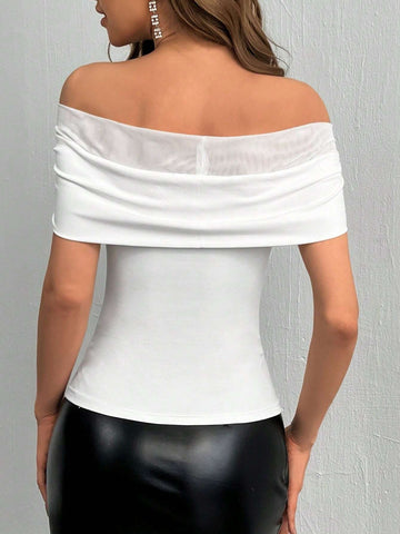 Privé Women's Mesh Off Shoulder Faux Pearl White Tee Privé Women's Mesh Off Shoulder Faux Pearl White Tee