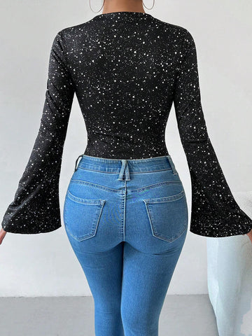 Women's Metallic Silver Allover Print Ruched Flare Sleeve Bodysuit Women's Metallic Silver Allover Print Ruched Flare Sleeve Bodysuit