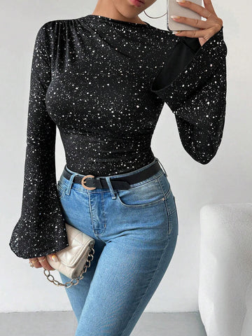 Women's Metallic Silver Allover Print Ruched Flare Sleeve Bodysuit Women's Metallic Silver Allover Print Ruched Flare Sleeve Bodysuit