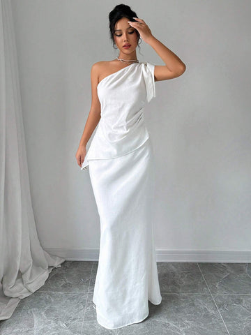 Women's One Shoulder Strappy Asymmetric Top And Long Pleated Skirt Set Women's One Shoulder Strappy Asymmetric Top And Long Pleated Skirt Set