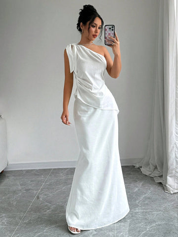 Women's One Shoulder Strappy Asymmetric Top And Long Pleated Skirt Set Women's One Shoulder Strappy Asymmetric Top And Long Pleated Skirt Set