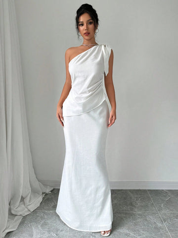 Women's One Shoulder Strappy Asymmetric Top And Long Pleated Skirt Set Women's One Shoulder Strappy Asymmetric Top And Long Pleated Skirt Set