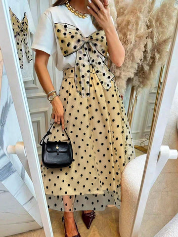 Women's Polka Dot Bowknot Casual T-Shirt And A-Line Polka Dot Skirt Set Women's Polka Dot Bowknot Casual T-Shirt And A-Line Polka Dot Skirt Set