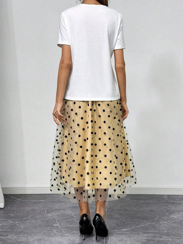 Women's Polka Dot Bowknot Casual T-Shirt And A-Line Polka Dot Skirt Set Women's Polka Dot Bowknot Casual T-Shirt And A-Line Polka Dot Skirt Set