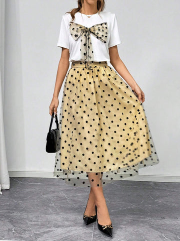 Women's Polka Dot Bowknot Casual T-Shirt And A-Line Polka Dot Skirt Set Women's Polka Dot Bowknot Casual T-Shirt And A-Line Polka Dot Skirt Set