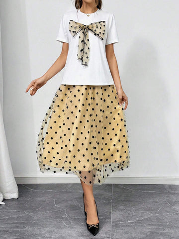 Women's Polka Dot Bowknot Casual T-Shirt And A-Line Polka Dot Skirt Set Women's Polka Dot Bowknot Casual T-Shirt And A-Line Polka Dot Skirt Set