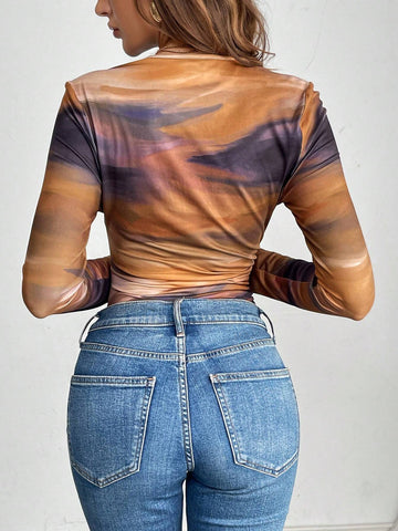 Women's Round Neck Long Sleeve Tie Dye Pattern Bodysuit, Casual Everyday Wear Women's Round Neck Long Sleeve Tie Dye Pattern Bodysuit, Casual Everyday Wear