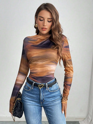 Women's Round Neck Long Sleeve Tie Dye Pattern Bodysuit, Casual Everyday Wear Women's Round Neck Long Sleeve Tie Dye Pattern Bodysuit, Casual Everyday Wear