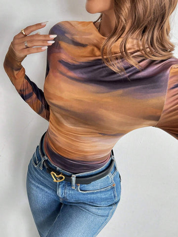 Women's Round Neck Long Sleeve Tie Dye Pattern Bodysuit, Casual Everyday Wear Women's Round Neck Long Sleeve Tie Dye Pattern Bodysuit, Casual Everyday Wear