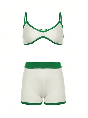 Women's Sexy Colorblock Trimmed Cami Top And Shorts Set, Summer Women's Sexy Colorblock Trimmed Cami Top And Shorts Set, Summer
