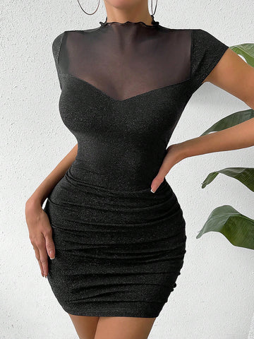 Women's Sheer Mesh Splicing Shiny Ruched Bodycon Dress Women's Sheer Mesh Splicing Shiny Ruched Bodycon Dress