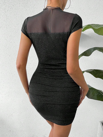 Women's Sheer Mesh Splicing Shiny Ruched Bodycon Dress Women's Sheer Mesh Splicing Shiny Ruched Bodycon Dress