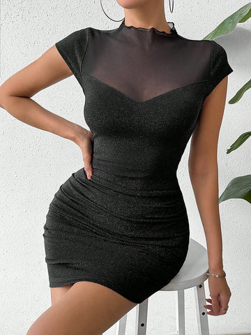 Women's Sheer Mesh Splicing Shiny Ruched Bodycon Dress Women's Sheer Mesh Splicing Shiny Ruched Bodycon Dress