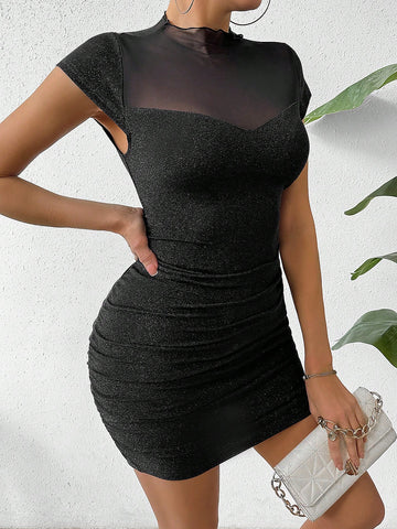Women's Sheer Mesh Splicing Shiny Ruched Bodycon Dress Women's Sheer Mesh Splicing Shiny Ruched Bodycon Dress
