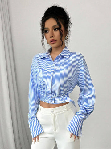 Privé Women's Short Striped Collar Shirt, Striped Shirt, Blue Striped Shirt, Casual Fashion Short Shirt Privé Women's Short Striped Collar Shirt, Striped Shirt, Blue Striped Shirt, Casual Fashion Short Shirt