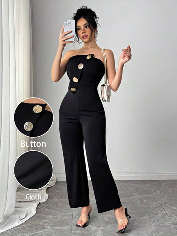 Women's Single-Breasted Bustier Flare Jumpsuit, Elegant Fashion Women's Single-Breasted Bustier Flare Jumpsuit, Elegant Fashion