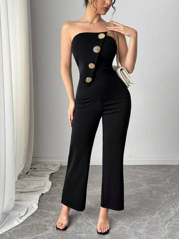 Women's Single-Breasted Bustier Flare Jumpsuit, Elegant Fashion Women's Single-Breasted Bustier Flare Jumpsuit, Elegant Fashion
