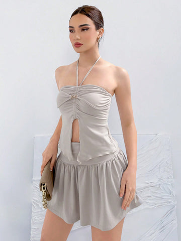 Women's Sold Color Color Ruched Ruffle Halter Top With Flared Hem K-Pop Sexy Skirt Sets 2 Pcs Woman Wear For Summer Holidays. Women's Sold Color Color Ruched Ruffle Halter Top With Flared Hem K-Pop Sexy Skirt Sets 2 Pcs Woman Wear For Summer Holidays.